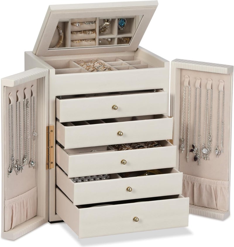 Dajasan Large Jewelry Organizer Box, Jewelry Boxes for Women Girls, 6-Tier Jewelry Storage Organizer with Mirror for Necklace Ring Bracelet Watch, Gift Idea (Beige) - Image 1